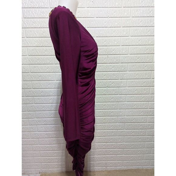 Cache Women's Purple Solid One Beaded Shoulder 80's Bodycon Dress Size 4 - Picture 8 of 10